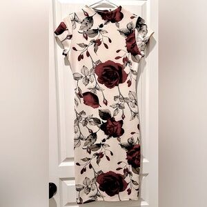 Hot Miami Style Capped Sleeve Long Stem Black Magic Rose Bodycon Midi dress